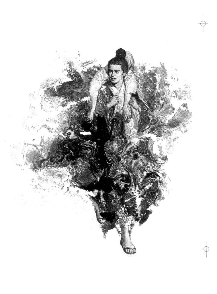 這張介子推的圖，人物細節以外的圖，是用油漆放在水裡再用紙去沾上來的。